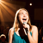**Image Prompt:** A confident young woman stands center stage bathed in a warm spotlight, microphone in hand, singing with passion. The background is a blurred concert hall filled with an appreciative audience. She exudes joy and stage presence. Focus on her expressive face and powerful posture.