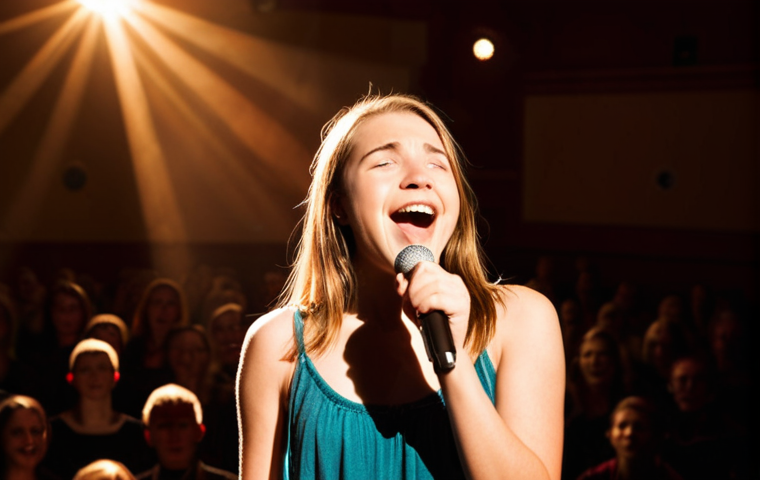 **Image Prompt:** A confident young woman stands center stage bathed in a warm spotlight, microphone in hand, singing with passion. The background is a blurred concert hall filled with an appreciative audience. She exudes joy and stage presence. Focus on her expressive face and powerful posture.