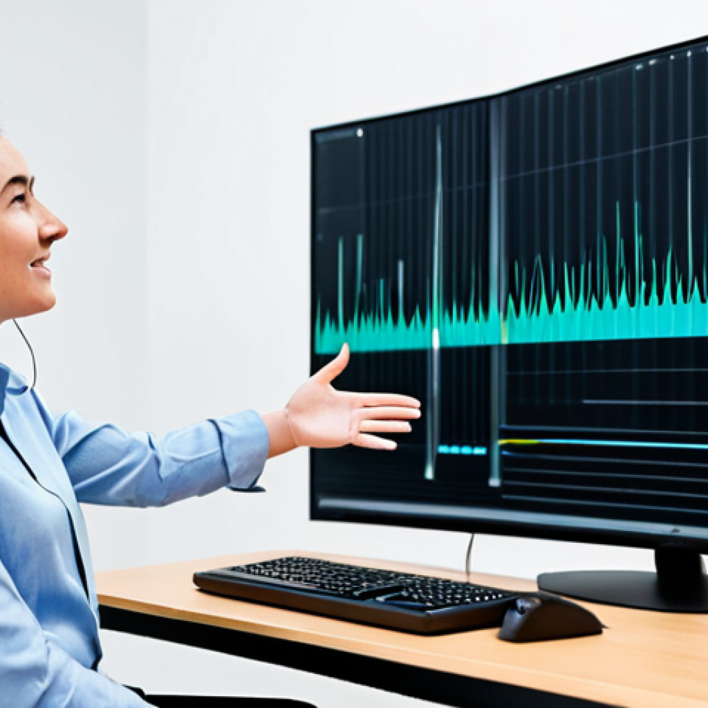 A professional vocal coach, fully clothed in a modest, modern business casual outfit, stands in a brightly lit, cutting-edge vocal studio. They are gesturing towards a large, sleek monitor displaying real-time AI-powered vocal analysis data, including abstract sound waves and pitch graphs. A student, also fully clothed in appropriate, comfortable attire, is seated with a non-distracting virtual reality headset, focused on a simulated performance environment visible on the monitor in front of them. The studio features professional microphones, acoustic panels, and minimalist furniture, emphasizing technology integration in learning. The scene captures a dynamic interaction, highlighting innovation in vocal pedagogy. safe for work, appropriate content, fully clothed, professional, perfect anatomy, correct proportions, natural pose, well-formed hands, proper finger count, natural body proportions, high-quality, professional photography.