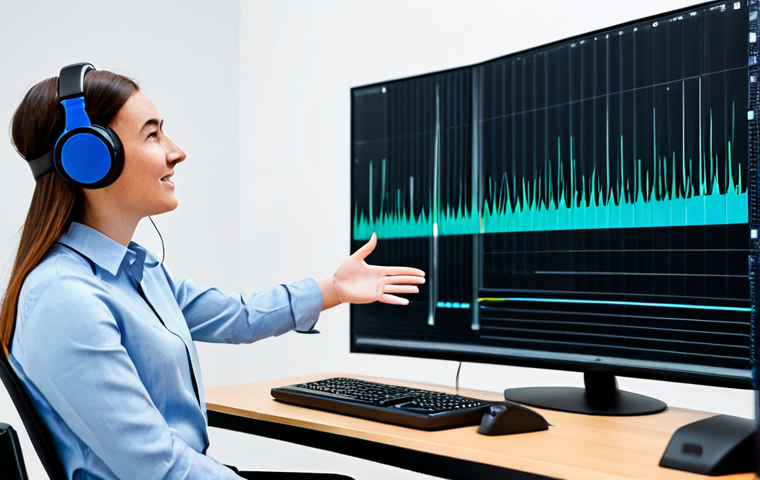 A professional vocal coach, fully clothed in a modest, modern business casual outfit, stands in a brightly lit, cutting-edge vocal studio. They are gesturing towards a large, sleek monitor displaying real-time AI-powered vocal analysis data, including abstract sound waves and pitch graphs. A student, also fully clothed in appropriate, comfortable attire, is seated with a non-distracting virtual reality headset, focused on a simulated performance environment visible on the monitor in front of them. The studio features professional microphones, acoustic panels, and minimalist furniture, emphasizing technology integration in learning. The scene captures a dynamic interaction, highlighting innovation in vocal pedagogy. safe for work, appropriate content, fully clothed, professional, perfect anatomy, correct proportions, natural pose, well-formed hands, proper finger count, natural body proportions, high-quality, professional photography.