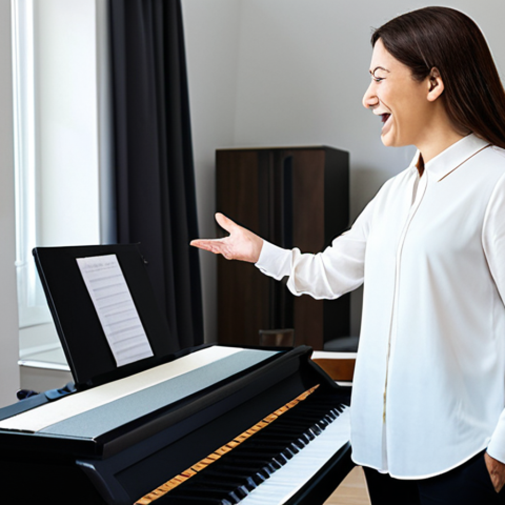 Vocal Coach in Action**

"A professional vocal coach, mid-30s, fully clothed in a modest blouse and dress pants, giving a lesson to a young woman in a home studio setting. The room is bright and has a keyboard and microphone. The coach is gesturing encouragingly. Focus on the positive and supportive environment. Safe for work, appropriate content, perfect anatomy, correct proportions, professional, family-friendly, well-formed hands, proper finger count, natural body proportions."

**