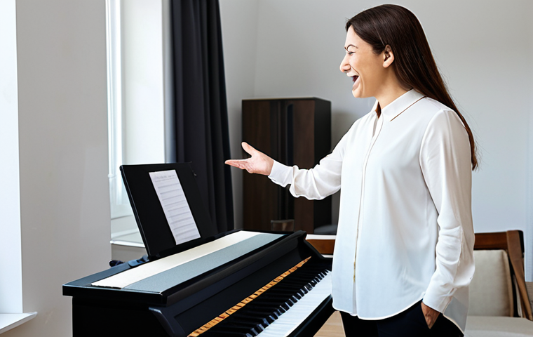 Vocal Coach in Action**
"A professional vocal coach, mid-30s, fully clothed in a modest blouse and dress pants, giving a lesson to a young woman in a home studio setting. The room is bright and has a keyboard and microphone. The coach is gesturing encouragingly. Focus on the positive and supportive environment. Safe for work, appropriate content, perfect anatomy, correct proportions, professional, family-friendly, well-formed hands, proper finger count, natural body proportions."
**
