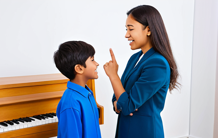 보컬트레이너 고용 창출 - Vocal Trainer with Student**

"A dedicated vocal coach, fully clothed in professional attire, workin...