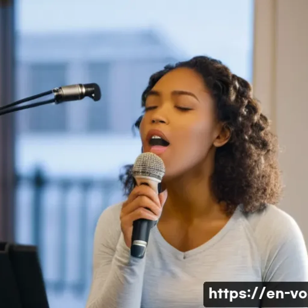 보컬트레이너 보컬 발달 과정 - A focused female singer, in her late 20s, stands gracefully in a modern vocal studio, softly illumin...