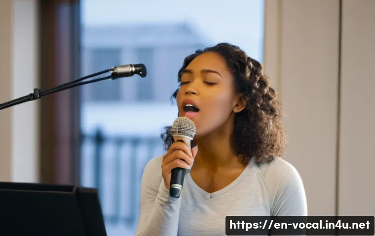 보컬트레이너 보컬 발달 과정 - A focused female singer, in her late 20s, stands gracefully in a modern vocal studio, softly illumin...