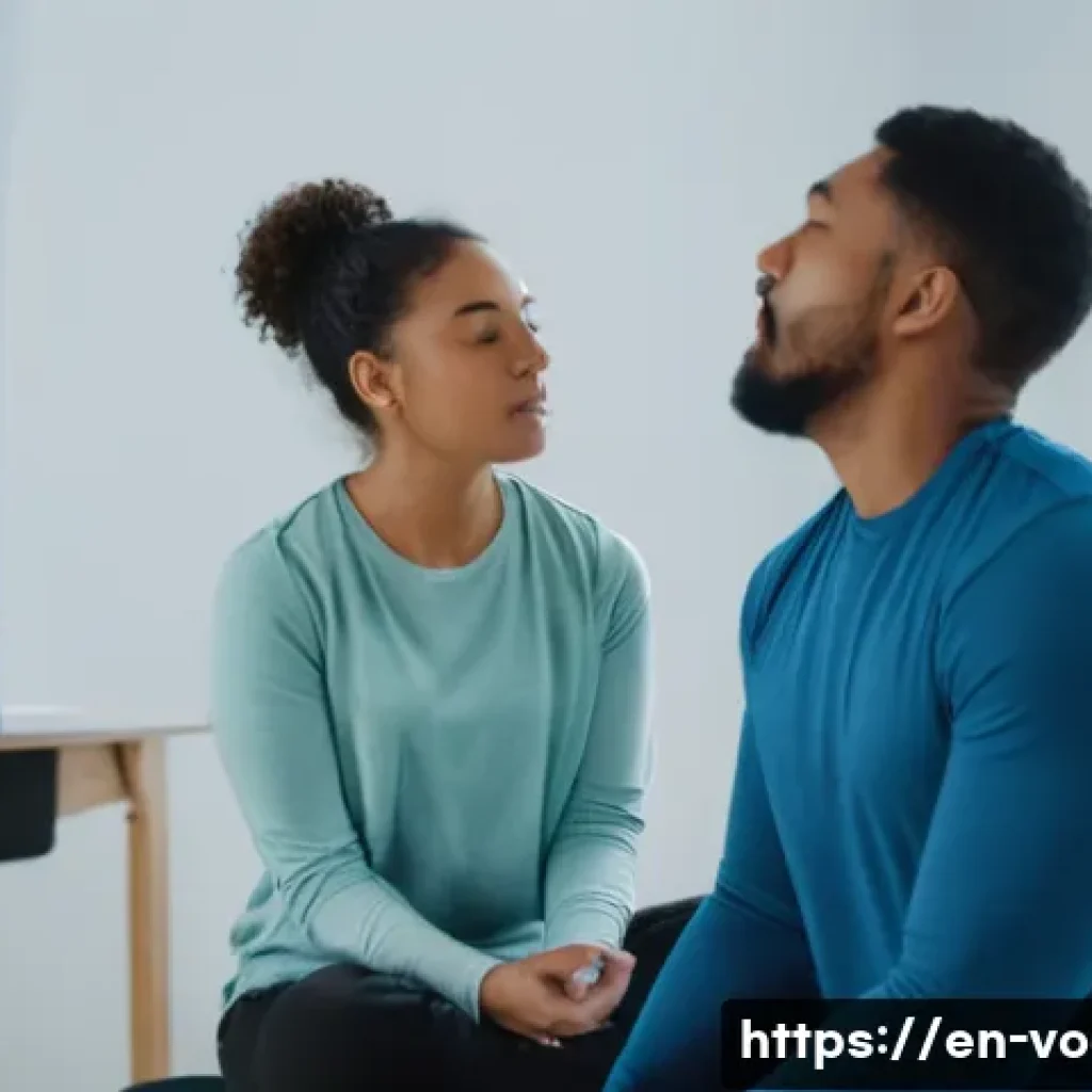 보컬트레이너 목소리 훈련 - A professional vocal coach demonstrating breath control techniques to a diverse adult student in a m...
