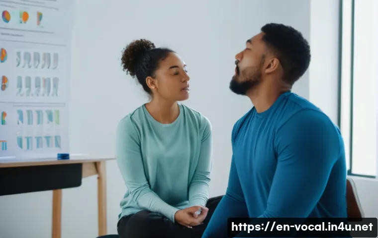 보컬트레이너 목소리 훈련 - A professional vocal coach demonstrating breath control techniques to a diverse adult student in a m...