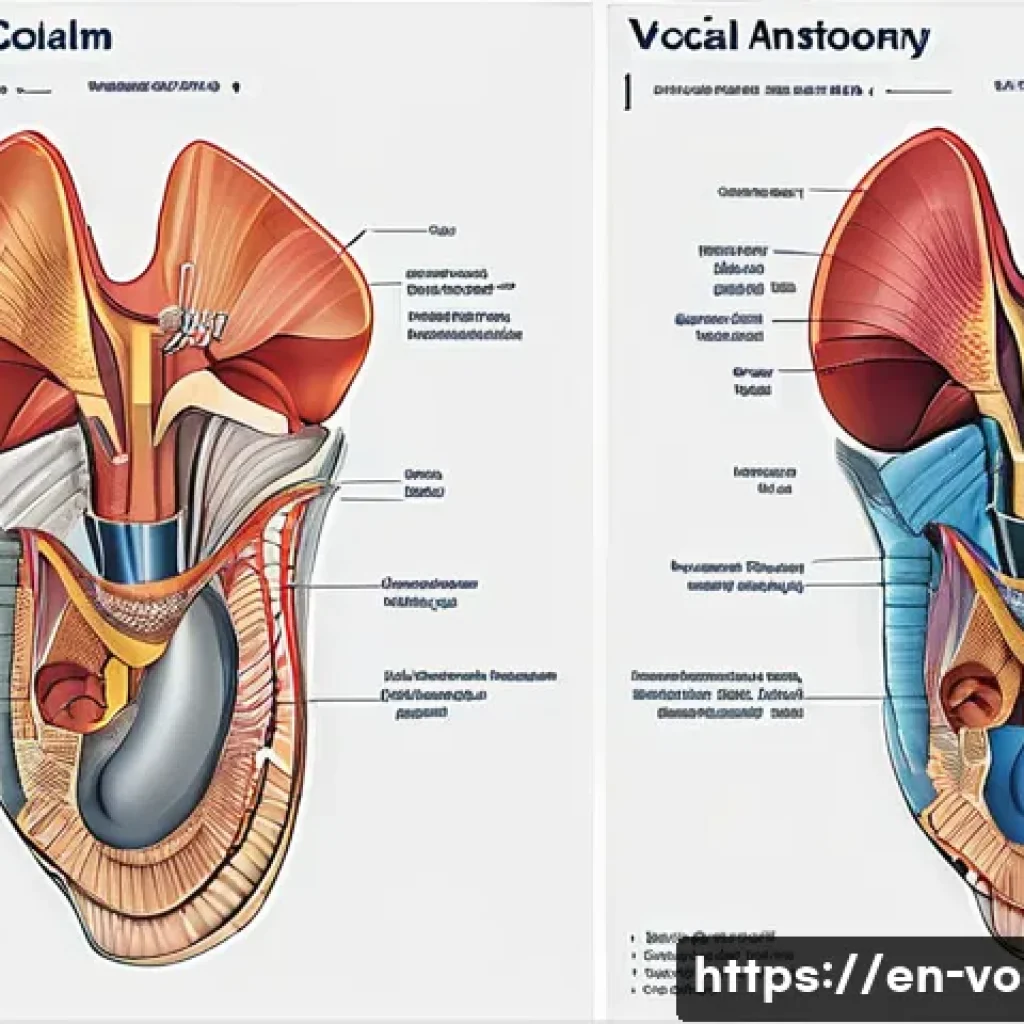 보컬트레이너 교육 대상자 - A detailed educational illustration of vocal anatomy showing the human vocal cords, diaphragm, and r...