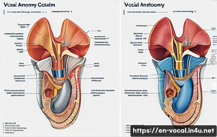 보컬트레이너 교육 대상자 - A detailed educational illustration of vocal anatomy showing the human vocal cords, diaphragm, and r...