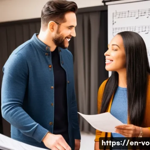 보컬트레이너 연봉 - A professional vocal coach in a modern private studio in New York City, mid-40s, teaching a diverse ...