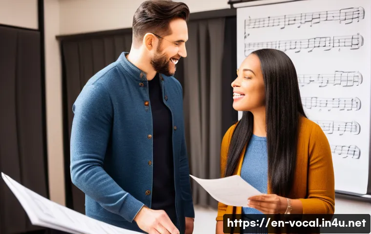 보컬트레이너 연봉 - A professional vocal coach in a modern private studio in New York City, mid-40s, teaching a diverse ...
