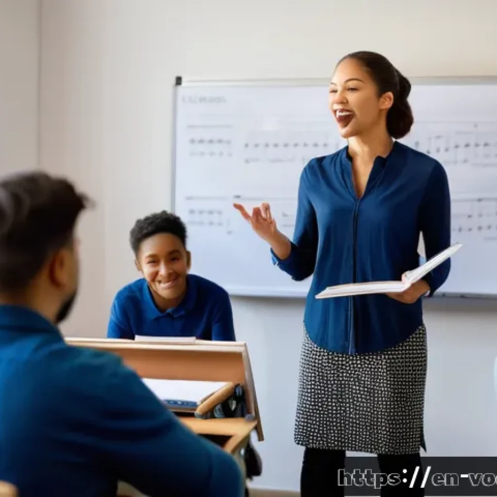 보컬트레이너 자격증 비교 - A professional vocal trainer teaching a diverse group of adult students in a modern music school cla...