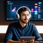 보컬트레이너 보컬 교육 시장 분석 - A futuristic home studio scene featuring a young professional using an AI-powered voice training app...