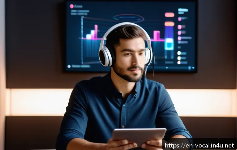 보컬트레이너 보컬 교육 시장 분석 - A futuristic home studio scene featuring a young professional using an AI-powered voice training app...
