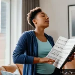 보컬트레이너 이론과 실기 통합 - A focused young adult singer practicing diaphragmatic breathing in a cozy, modern living room, eyes ...