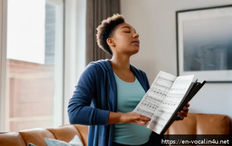 보컬트레이너 이론과 실기 통합 - A focused young adult singer practicing diaphragmatic breathing in a cozy, modern living room, eyes ...