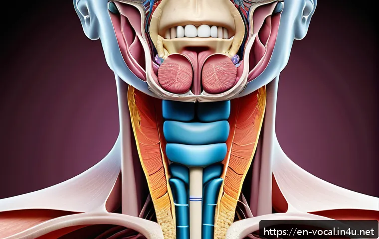 보컬트레이너 음성 보호 방법 - A detailed, realistic medical illustration of the human vocal anatomy focusing on the larynx and voc...