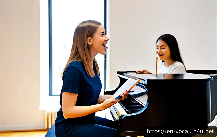보컬트레이너 발음 교정 방법 - Photorealistic vocal coach guiding an adult student through clear English pronunciation exercises in...